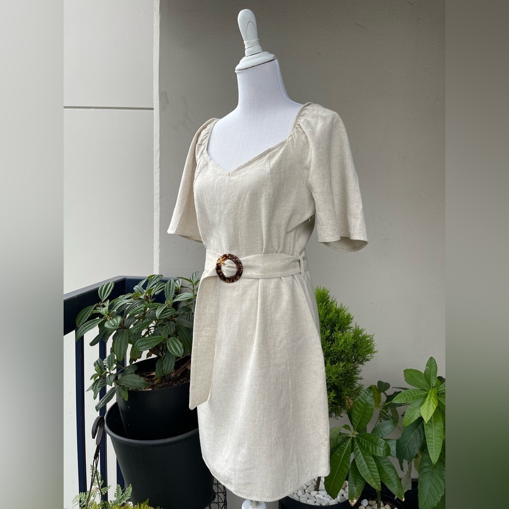 Cottagecore White Linen Mini Dress Puff Sleeve Belted Sweetheart Women 8 Coastal - Picture 4 of 11